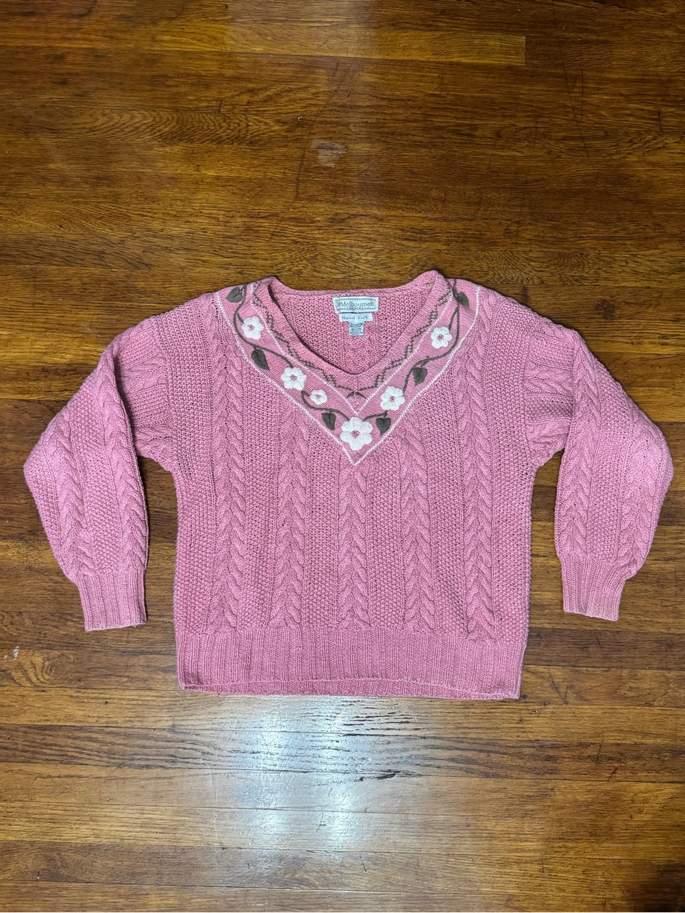 VTG 90s Pink Cable-Knit V-Neck Sweater with Floral Trim